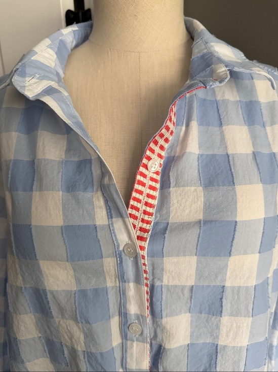 Persifor Tops - Persifor Blue & White Gingham Button Down Shirt Blouse with Contrasting Orange
